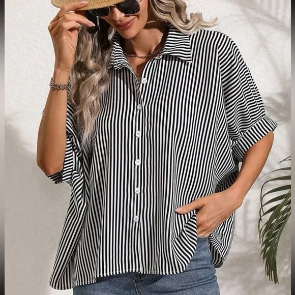 Classic Oversized Loose Fit Stripe Batwing Sleeve Button Down Shirt Top Blouse - Picture 11 of 14